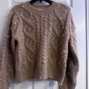 Astr Tan Cable Knit Sweater with Pearl Details